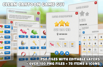 Clean, cartoon 4k game GUI – over 180 PNG files – Free Download